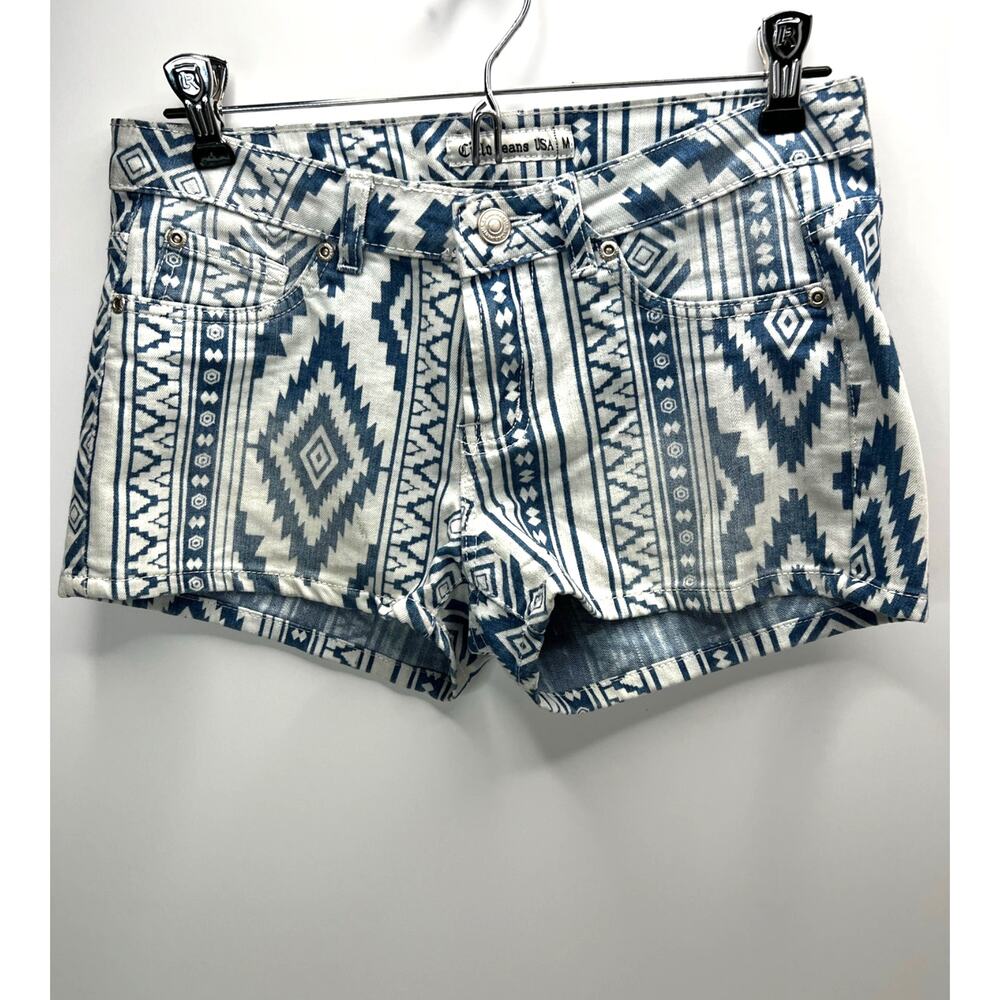 Cielo Jeans Aztex Southwest Print Jean Low Rise Shorts Cream/Blue Women Medium